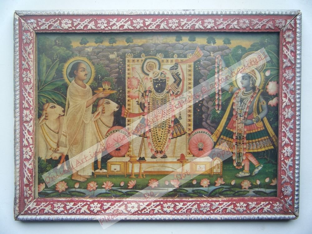 Shrinathji Krishna Avatar Home Worship Old Print in Old Wooden Frame India #2553