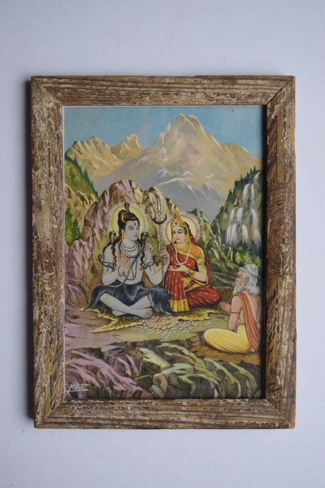 Hindu God Shiva Parvati Collectible Old Religious Print in Old Wooden Frame#3159