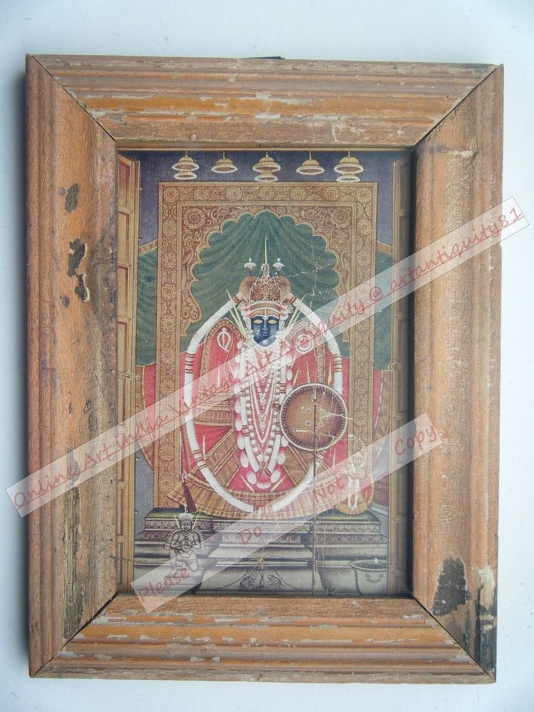 Shrinathji Krishna Avatar Home Worship Old Print in Old Wooden Frame India #2548
