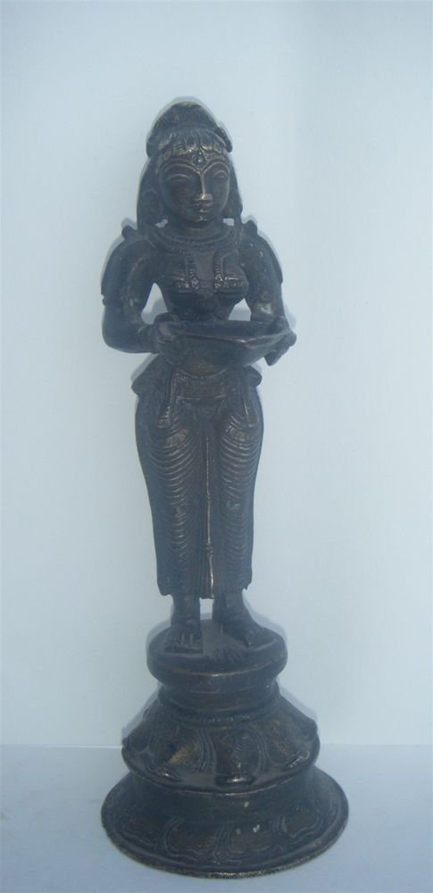 BRASS LAKSHMI STATUE, Temple Oil Lamp Rare Antique Indian Ritual Figure #983