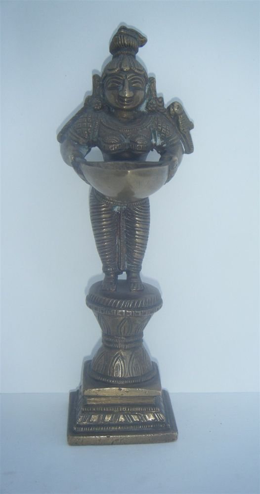 BRASS LAKSHMI STATUE, Temple Oil Lamp Rare Antique Indian Ritual Figure #982