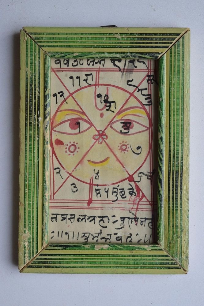 Nice Cosmology Hand Coloured Original Painting in Old Wooden Frame India #3064