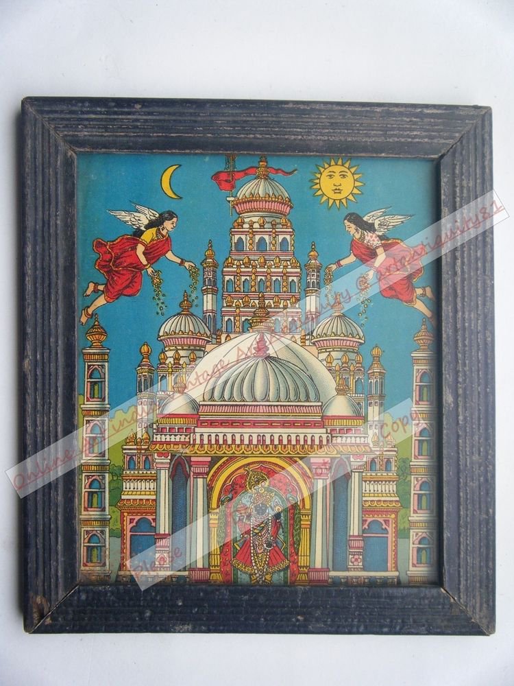 Shri Rannchor Krishna Avatar Hindu God Old Print in Old Wooden Frame India #2543