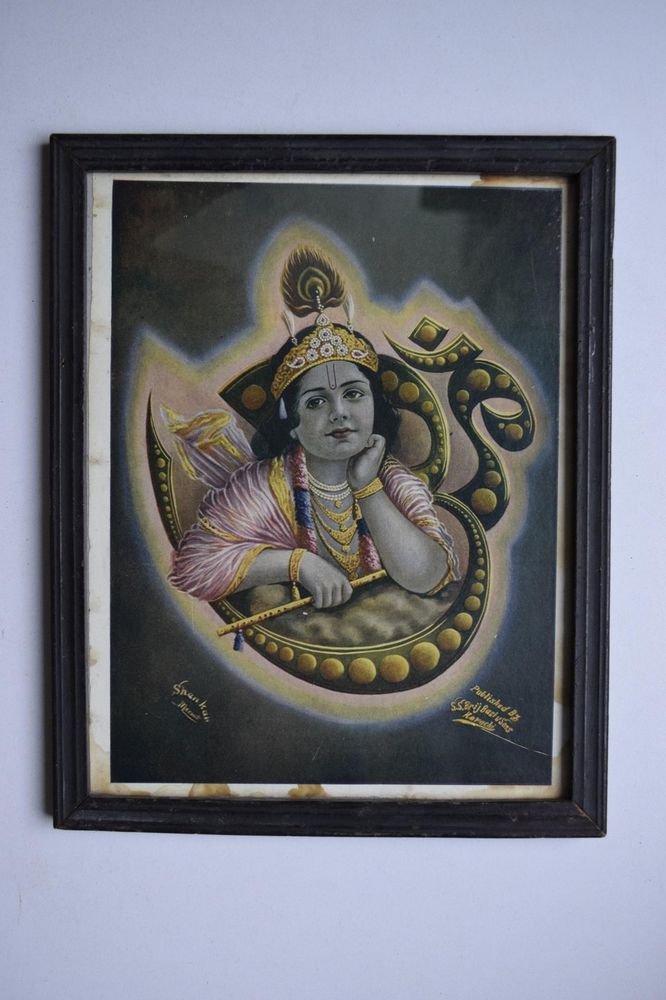 God Krishna Rare Collectible Old Religious Print in Old Wooden Frame #3191