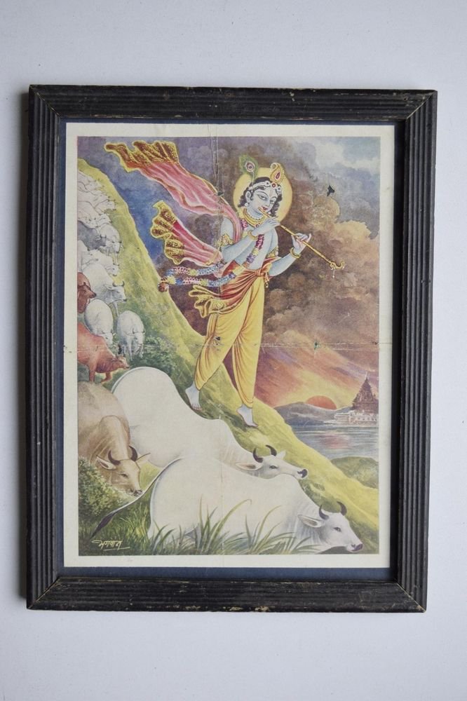 God Krishna Rare Collectible Old Religious Print in Old Wooden Frame #3171