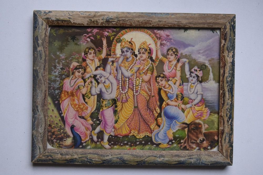 God Krishna & Radha Collectible Old Religious Print in Old Wooden Frame #3188