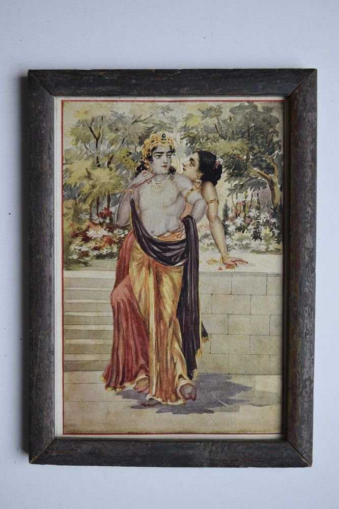God Krishna & Radha Collectible Old Religious Print in Old Wooden Frame #3180