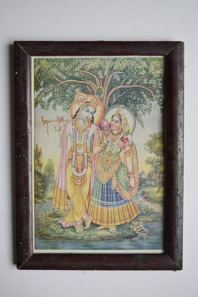 God Krishna & Radha Collectible Old Religious Print in Old Wooden Frame #3184