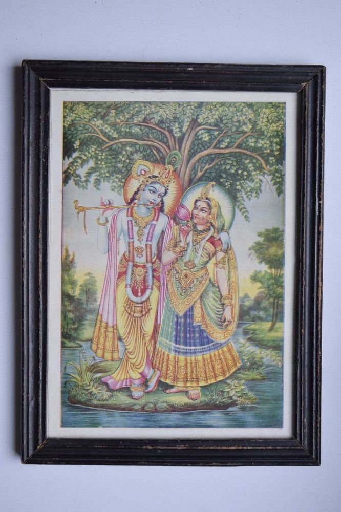 God Krishna & Radha Collectible Old Religious Print in Old Wooden Frame #3186