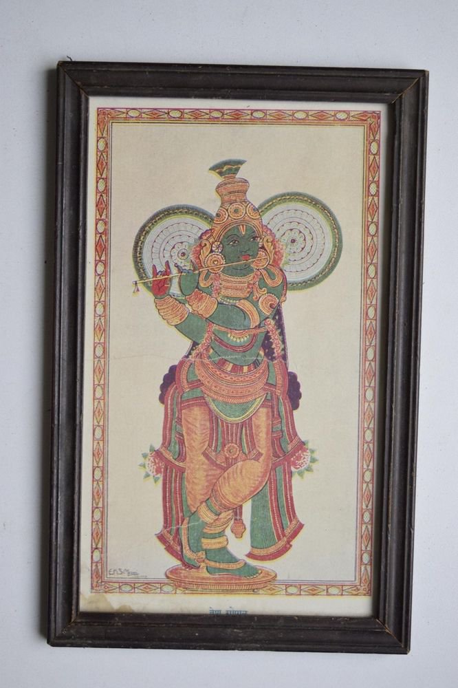 God Krishna Rare Collectible Old Religious Print in Old Wooden Frame #3175