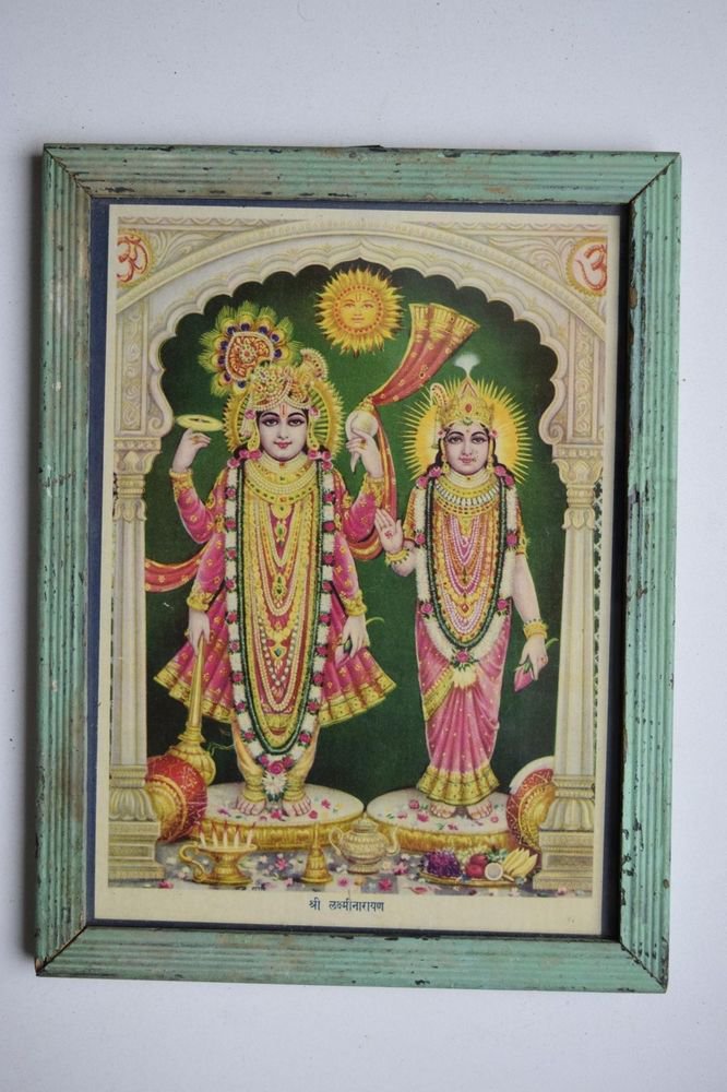 God Krishna & Radha Collectible Old Religious Print in Old Wooden Frame #3185