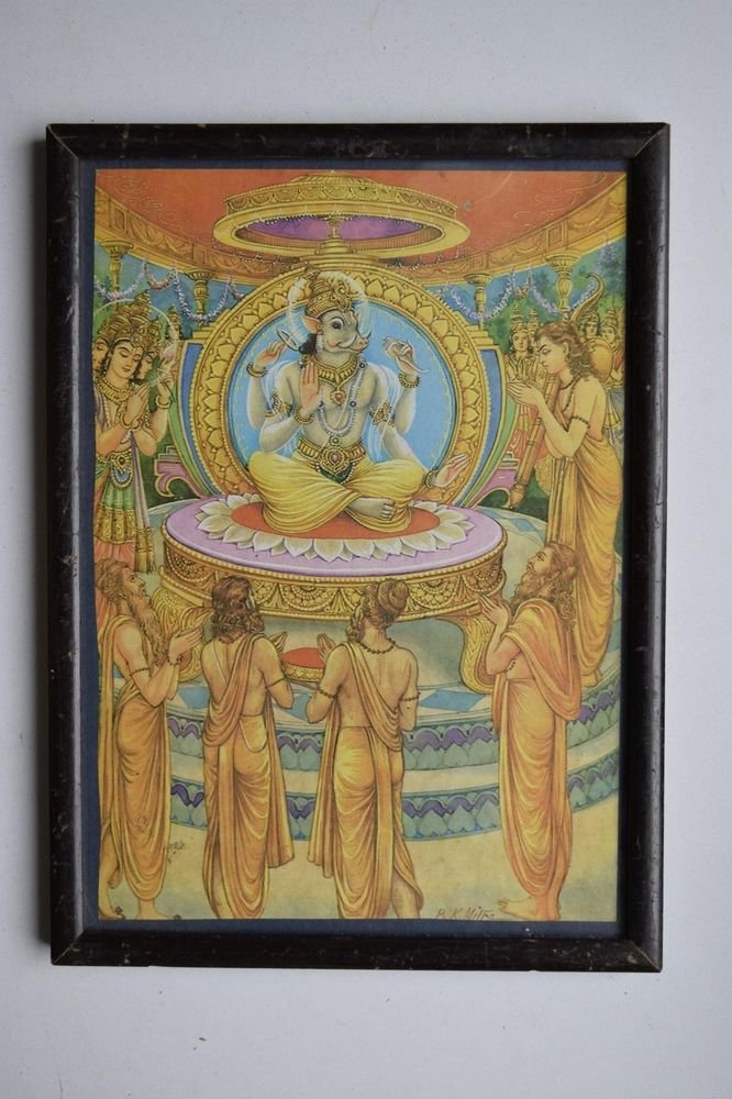 God Vishnu Avatar Collectible Old Religious Print in Old Wooden Frame #3166