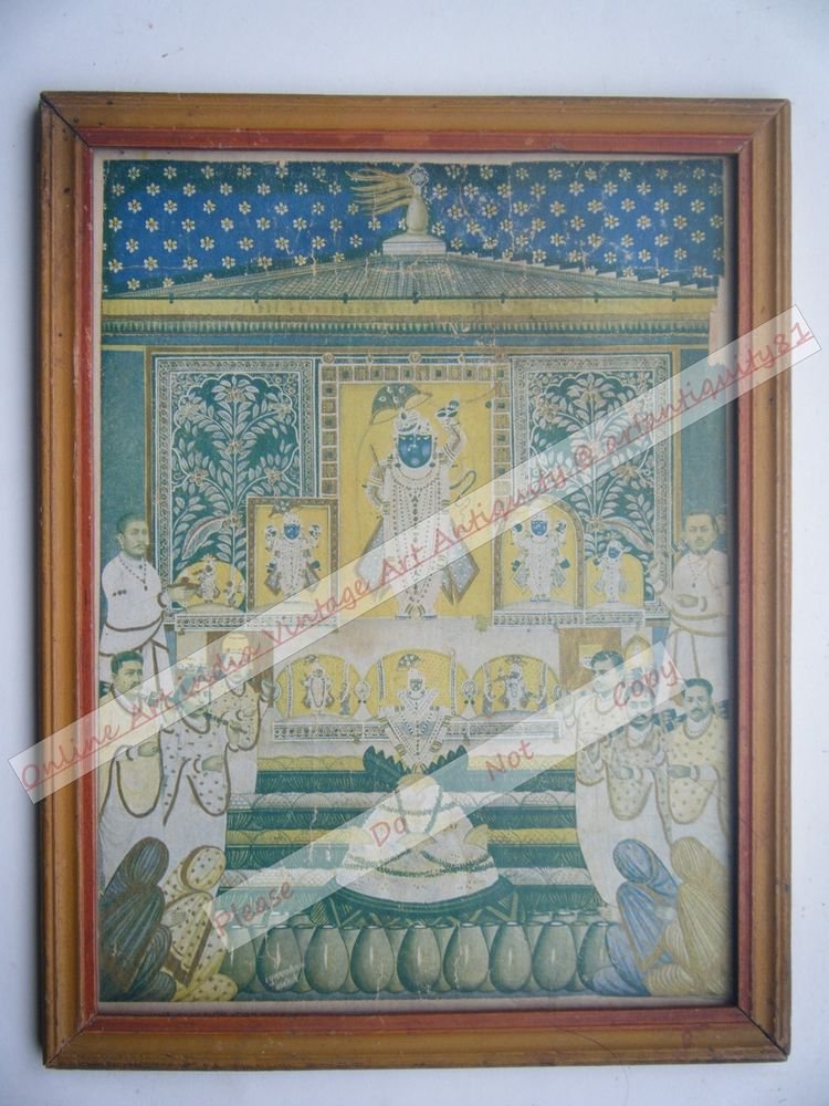 Shrinathji Krishna Avatar Home Worship Old Print in Old Wooden Frame India #2558