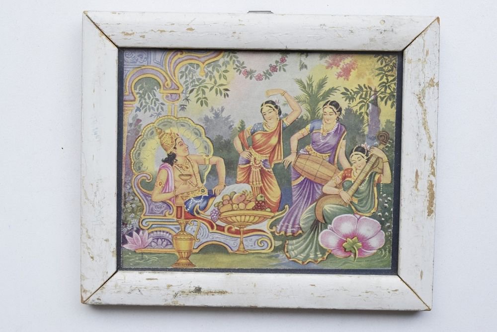 Hindu God Rare Collectible Rare Old Religious Print in Old Wooden Frame #3269