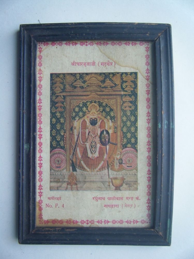 Hindu God Shrinathji Krishna Avatar Old Print in Old Wooden Frame India #2756