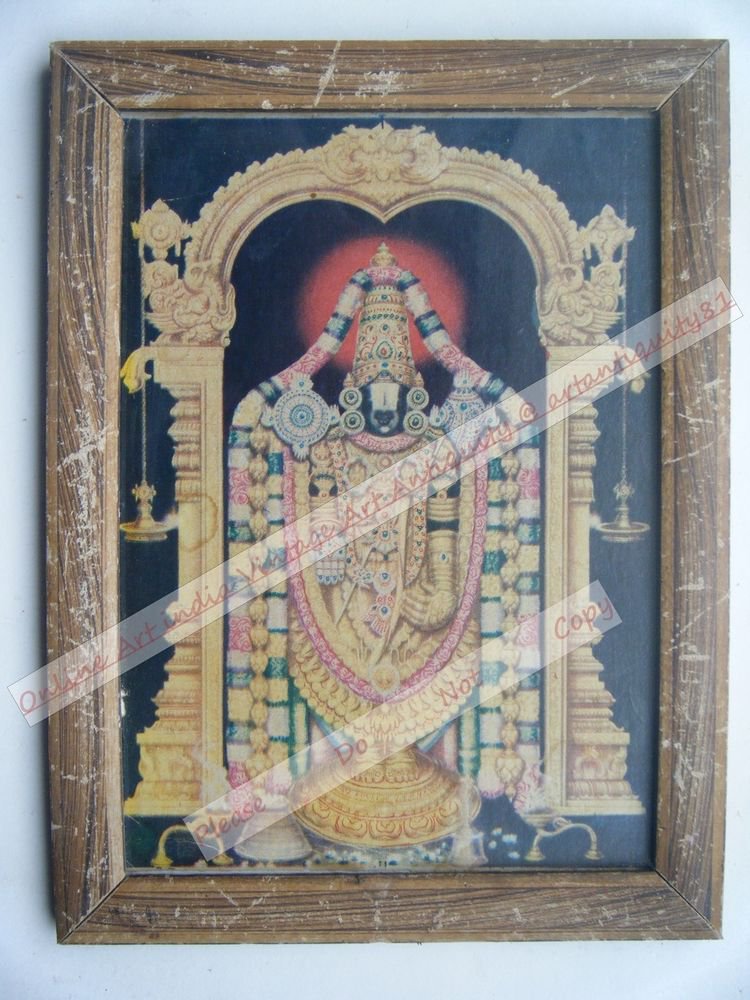 Shrinathji Krishna Avatar Vitthal God Old Print in Old Wooden Frame India #2545