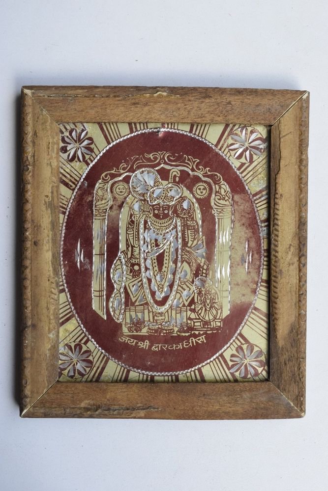 Krishna Avatar Dwaarkadhessh Rare God Old Print in Old Wooden Frame India #3228
