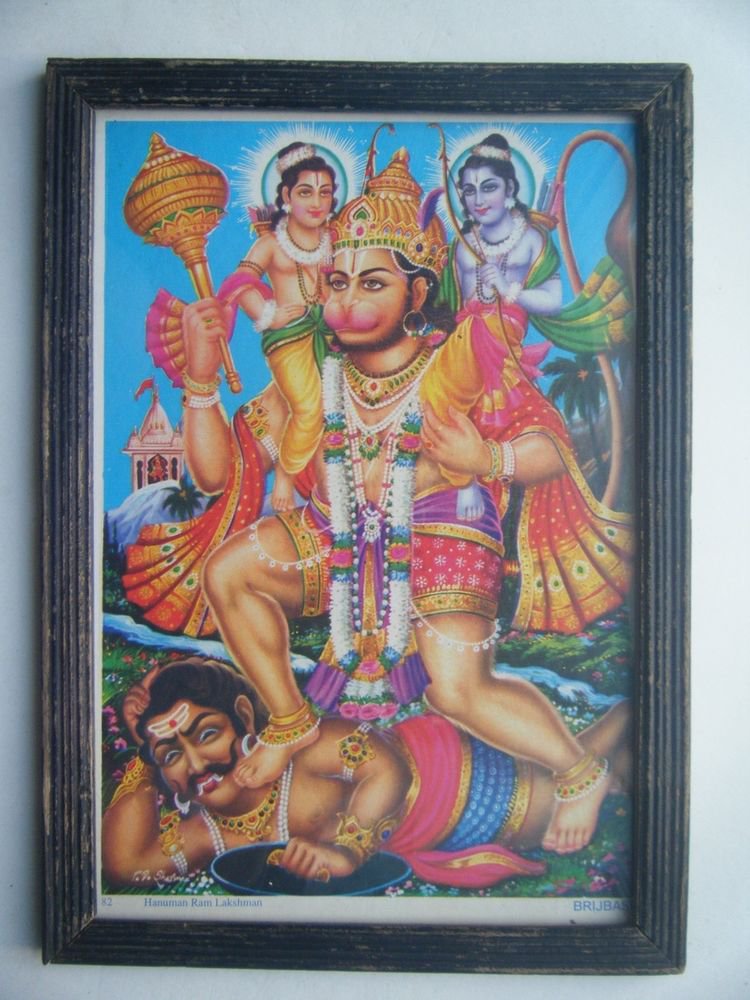 Lord Hanuman Rare Collectible Original Print in Old Wooden Frame India #2795
