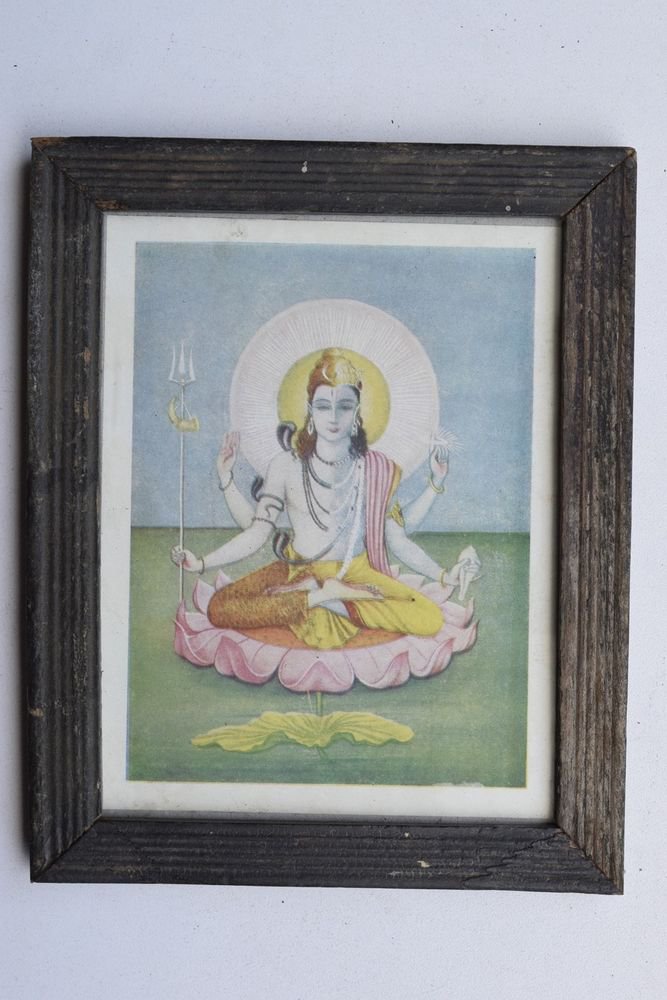 God Shiva Vishnu Rare Beautiful Old Print in Old Wooden Frame India #3241