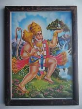 Lord Hanuman Rare Collectible Original Print in Old Wooden Frame India #2793