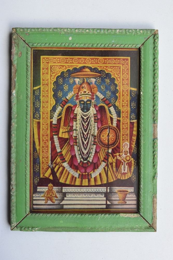 Shrinathji Krishna Avatar Rare God Old Print in Old Wooden Frame India #3227