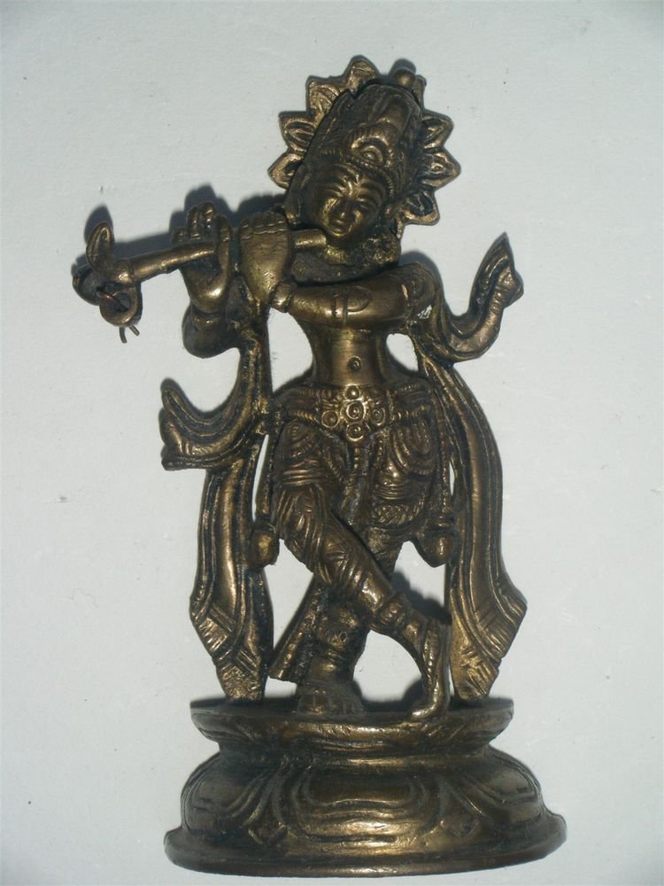 Brass Krishna Antique Statue Rare Collectible India Hindu God Vishnu Avatar #875