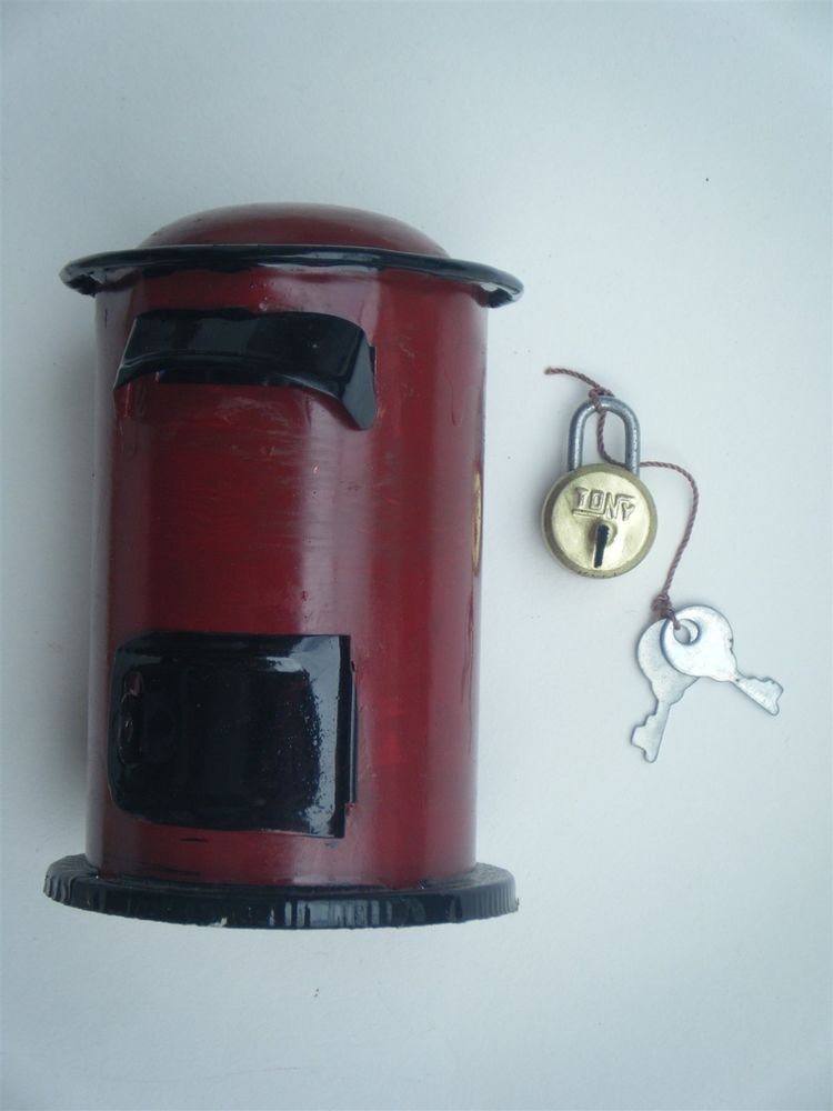 Coin Still Piggy Mailbox Indian Post Office Box Tin India with Lock Red #910