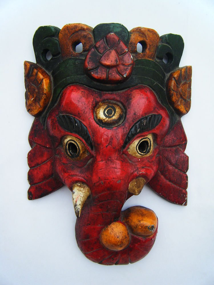 Ganesha Wooden Mask, Old Rare Hand Coloured Handmade Original Indian Mask #1575