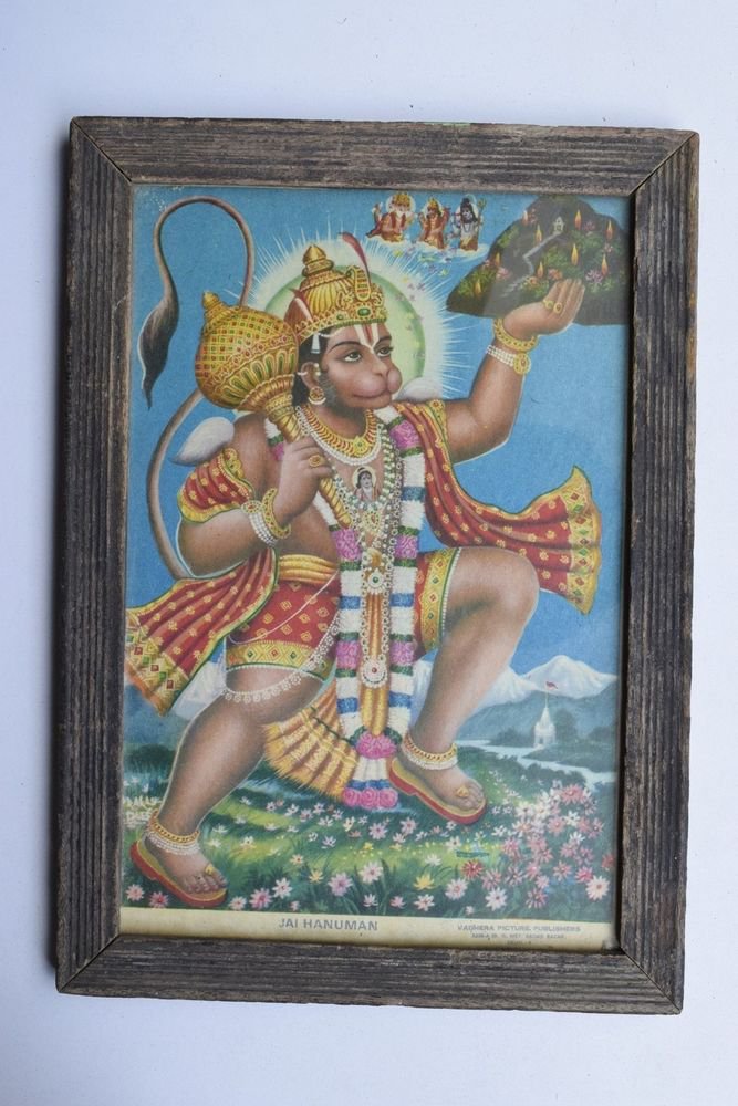 Lord Hanumaan Collectible Rare Old Religious Print in Old Wooden Frame #3219