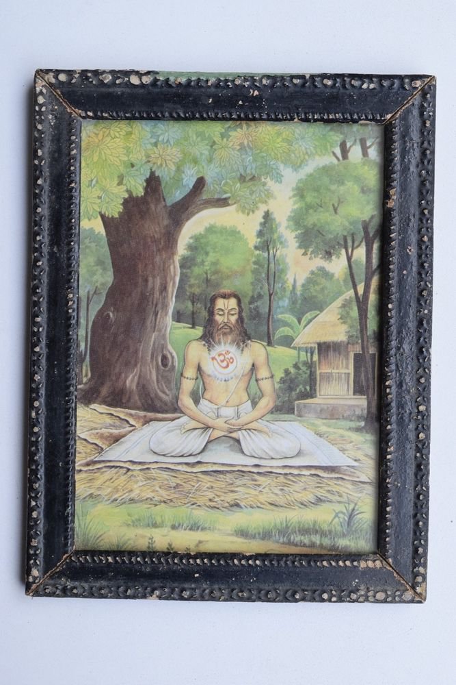 Sadhu Meditation Yoga Rare Collectible Old Print in Old Wooden Frame #3271