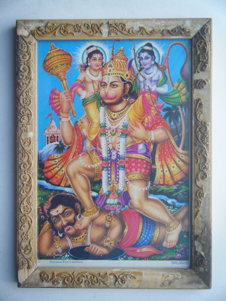 Lord Hanuman Rare Collectible Original Print in Old Wooden Frame India #2794