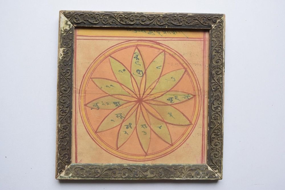Rare Cosmology Hand Coloured Original Painting in Old Wooden Frame India #3107