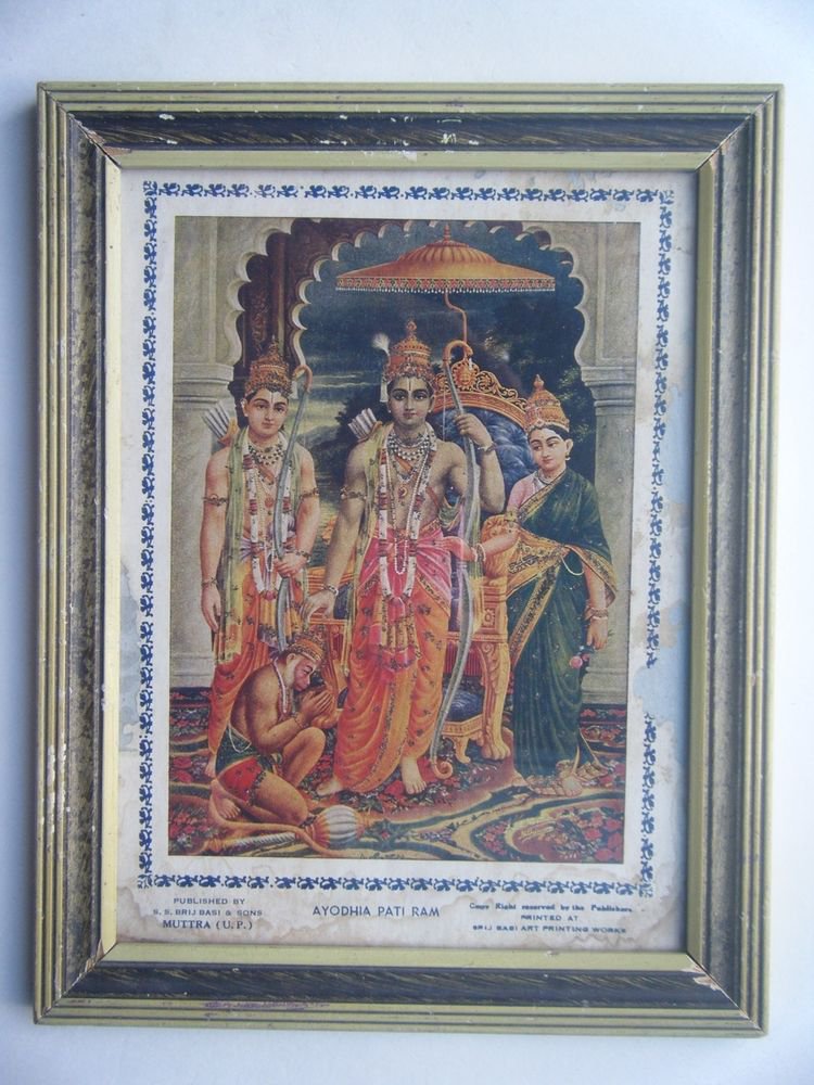 Rama Laxman Rare Collectible Original Print in Old Wooden Frame India #2789