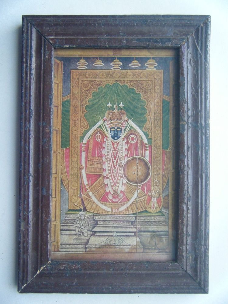 God Shrinathji Krishna Avatar Rare Old Print in Old Wooden Frame India #2755