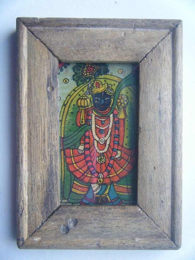 Hindu God Shrinathji Krishna Avatar Old Print in Old Wooden Frame India #2759