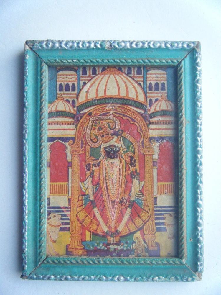 Hindu God Shrinathji Krishna Avatar Old Print in Old Wooden Frame India #2760