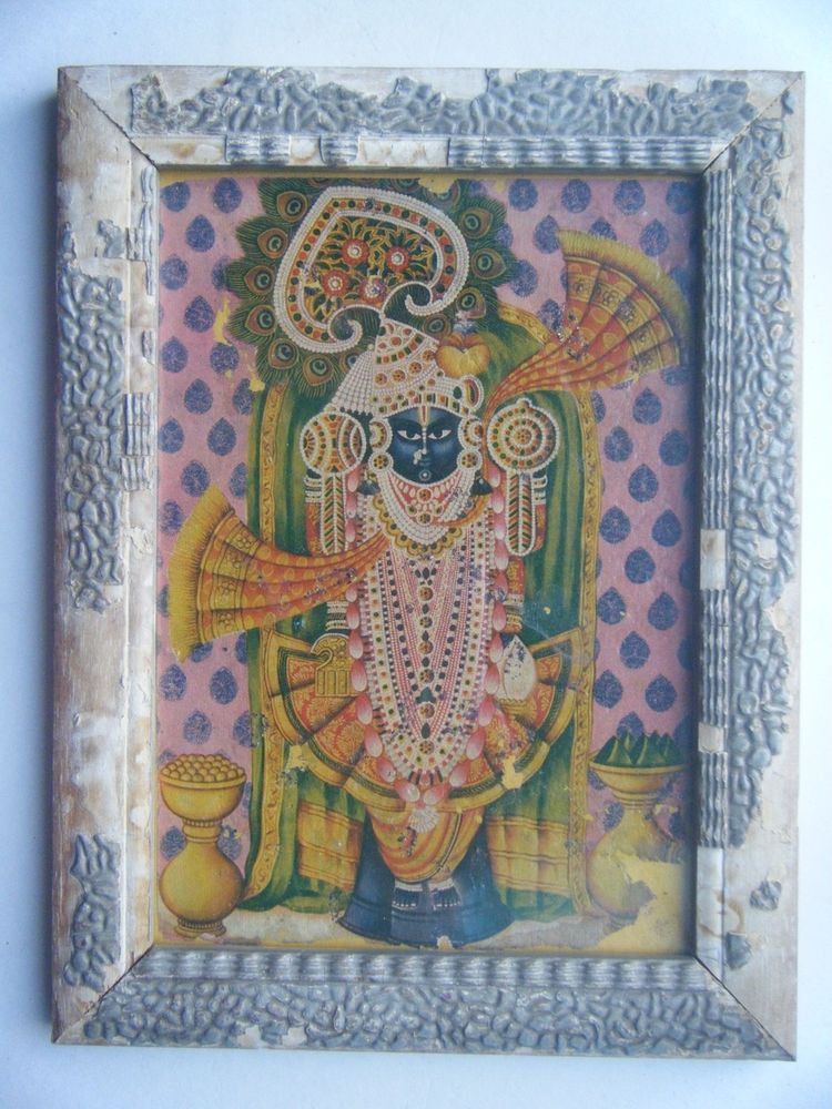 Hindu God Shrinathji Krishna Avatar Old Print in Old Wooden Frame India #2762