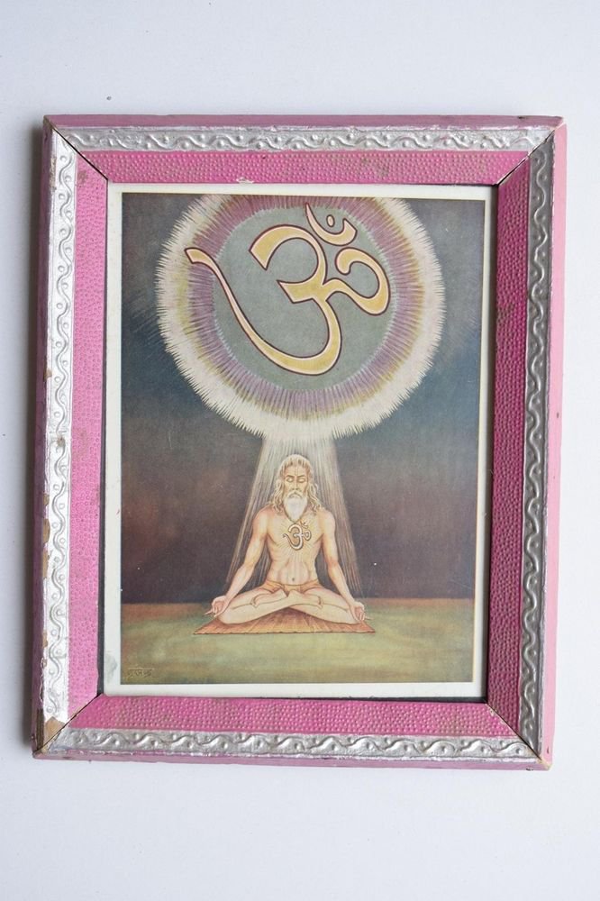 Saint Meditation Rare Collectible Original Print in Old Wooden Frame India #3108