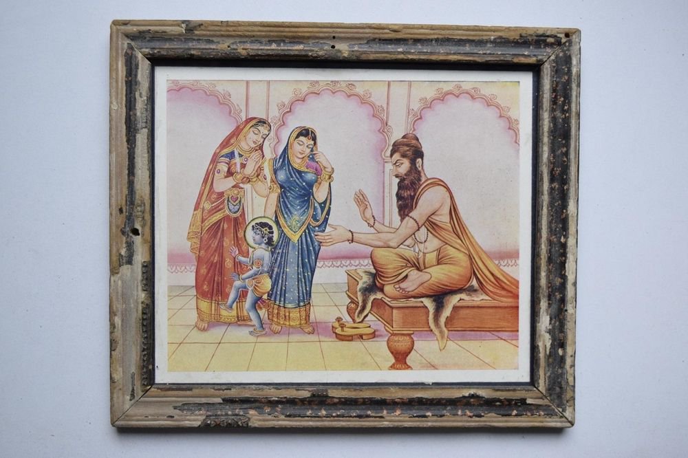 God Krishna Rare Collectible Old Religious Print in Old Wooden Frame #3198