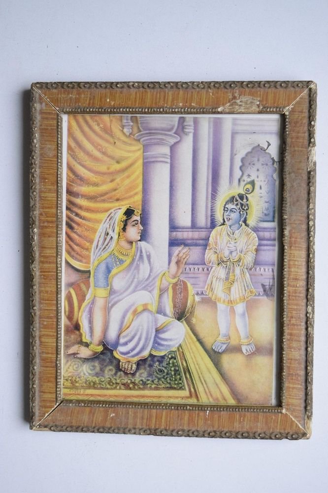 God Krishna Rare Collectible Old Religious Print in Old Wooden Frame #3200