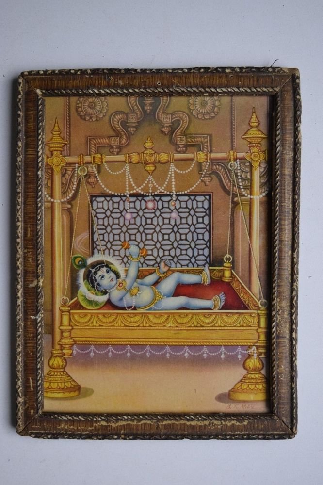 God Krishna Rare Collectible Old Religious Print in Old Wooden Frame #3194