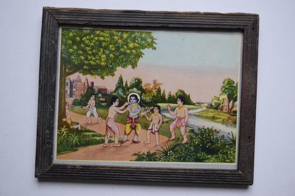 God Krishna Rare Collectible Old Religious Print in Old Wooden Frame #3196