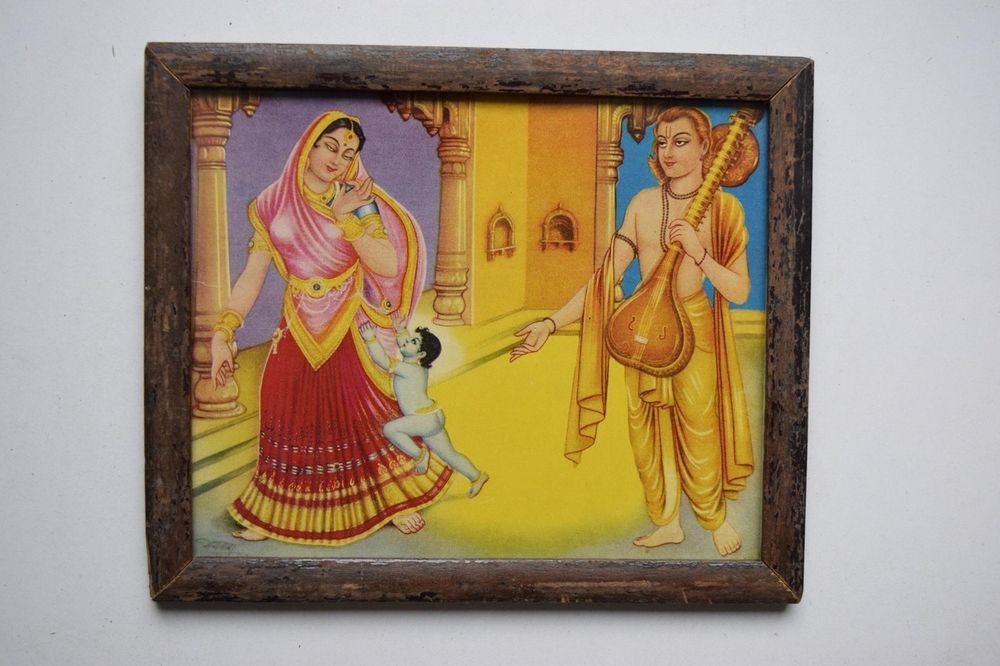 God Krishna Rare Collectible Old Religious Print in Old Wooden Frame #3197