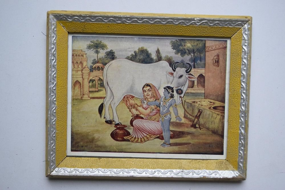 God Krishna Rare Collectible Old Religious Print in Old Wooden Frame #3199