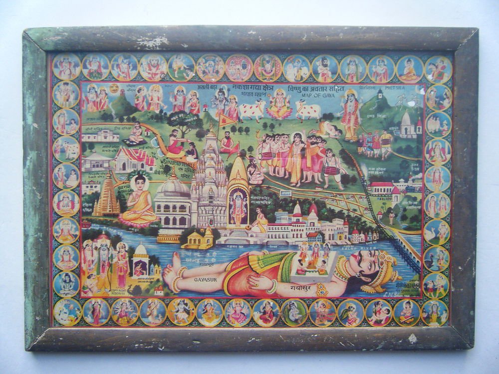 All Gods Gayasur Rare Collectible Original Print in Old Wooden Frame India #2796
