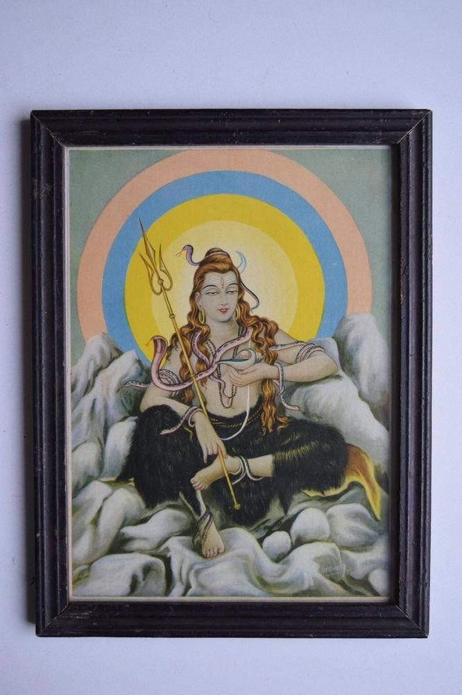 Hindu God Shiva Shiv Collectible Old Religious Print in Old Wooden Frame #3157