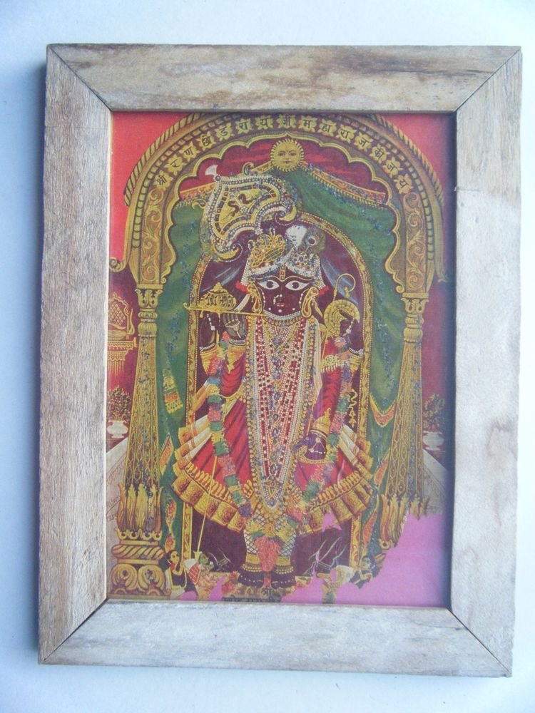 Hindu God Shrinathji Krishna Avatar Old Print in Old Wooden Frame India #2764