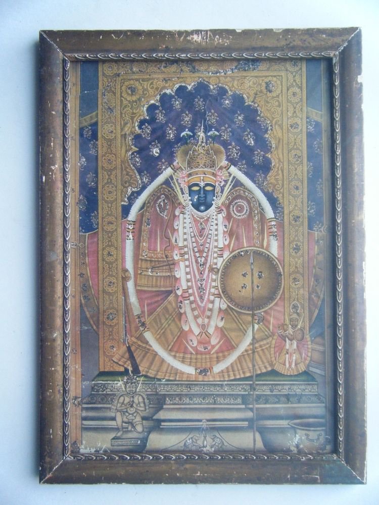 Hindu God Shrinathji Krishna Avatar Old Print in Old Wooden Frame India #2757