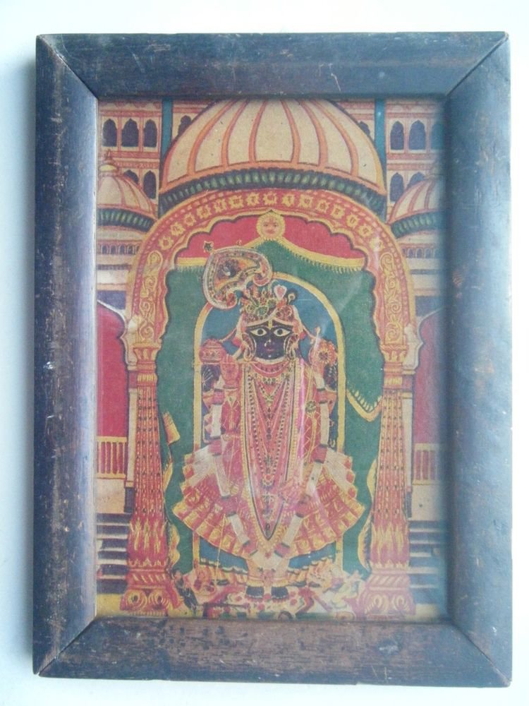 Hindu God Shrinathji Krishna Avatar Old Print in Old Wooden Frame India #2761