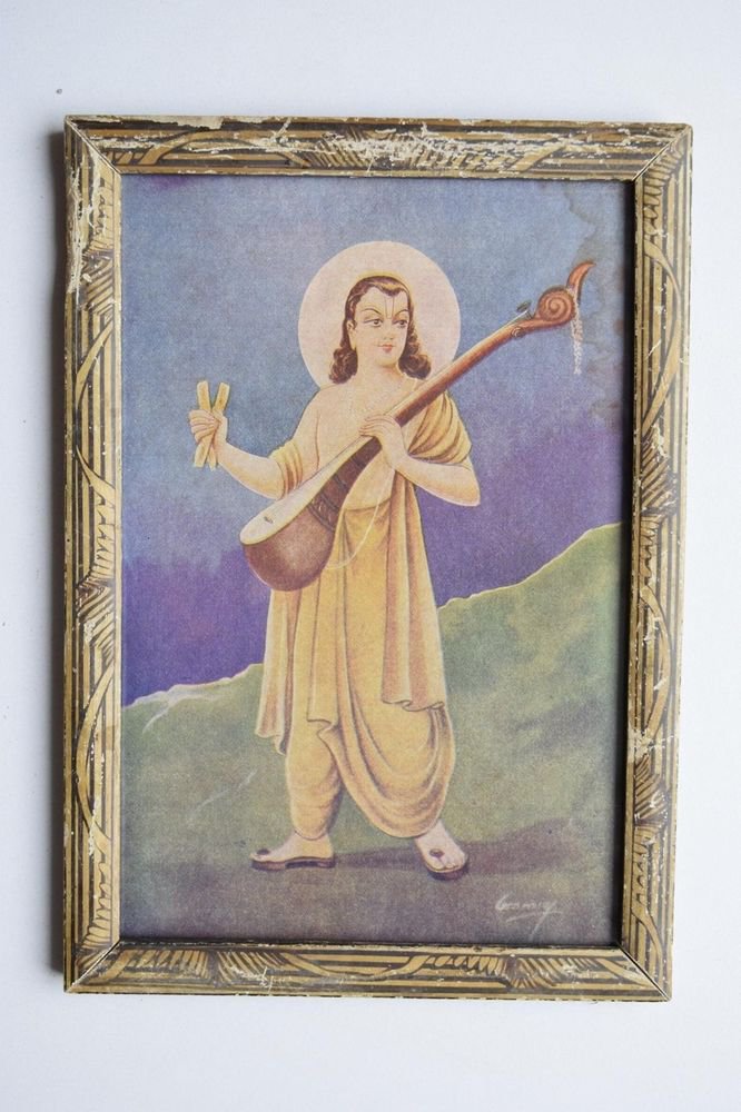 Musician God Narad Collectible Original Print in Old Wooden Frame India #3109